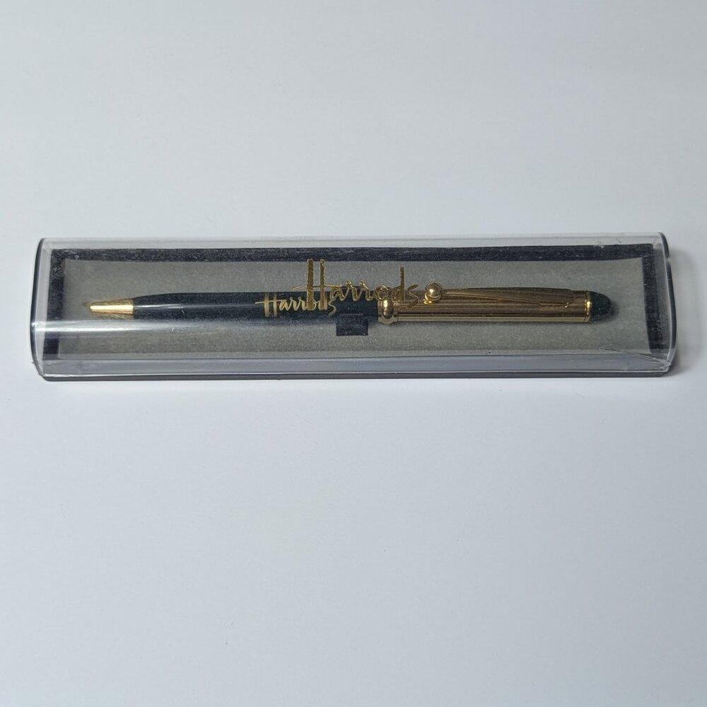 Vintage Harrods Green & Gold Ball Point Pen in Original Case